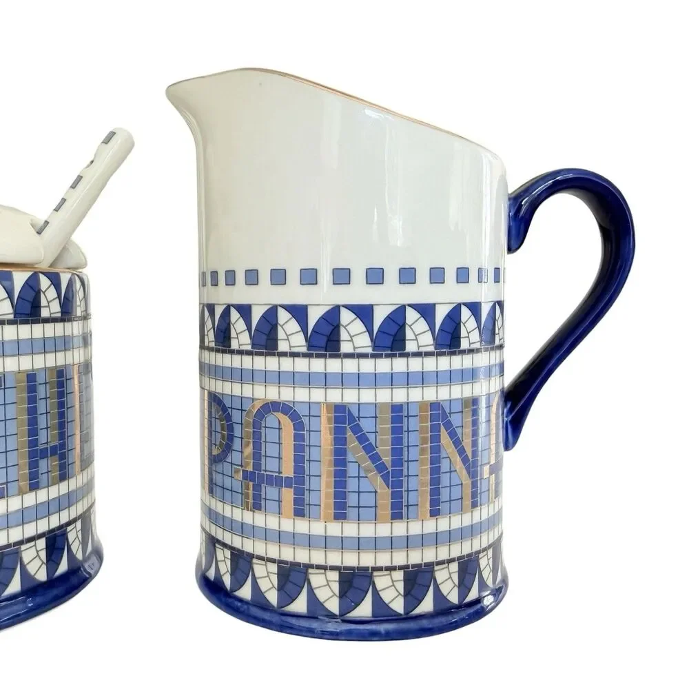 Anthropologie Bistro Tile Sugar Pot & Creamer Set Blue Gold Italia Stoneware NEW